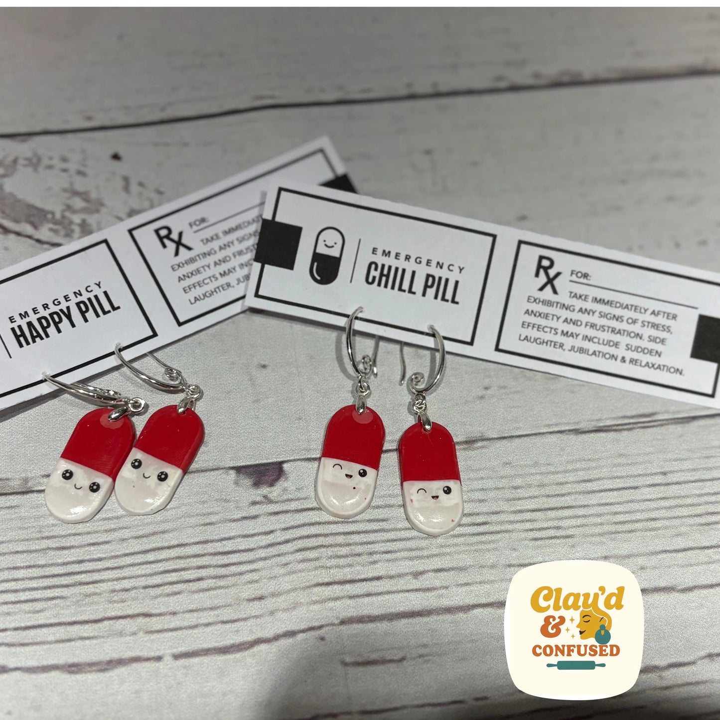 Chill Pill & Happy Pill Earrings — Handmade Polymer Clay