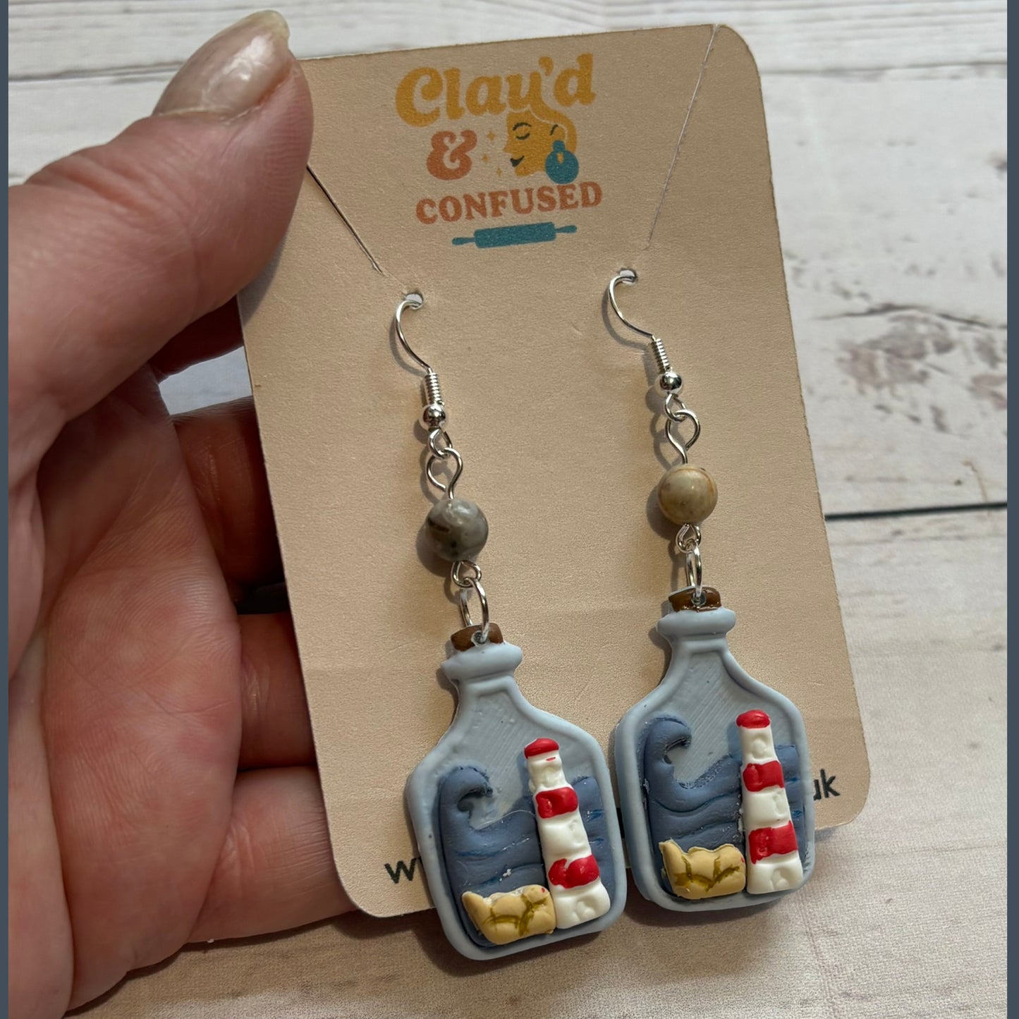 Lighthouse in a Bottle Earrings — Handmade Polymer Clay