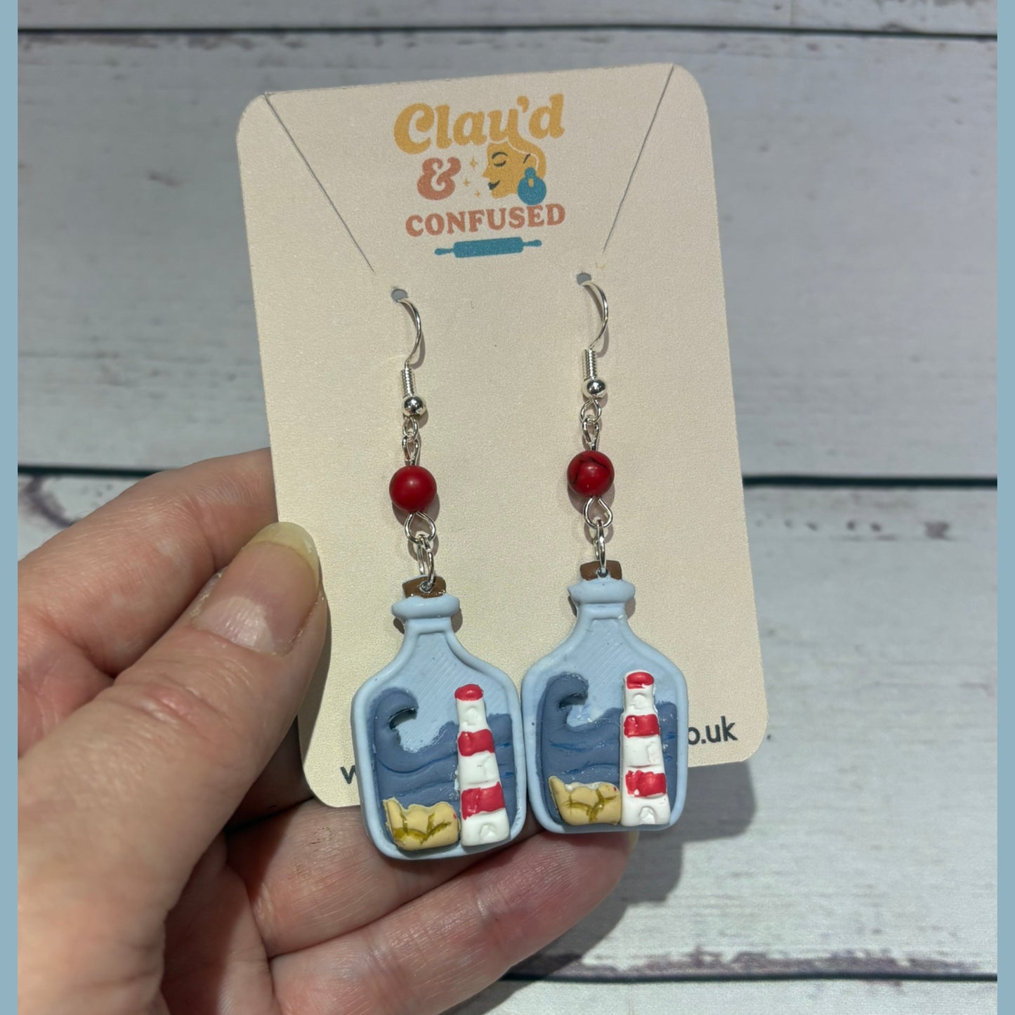 Lighthouse in a Bottle Earrings — Handmade Polymer Clay