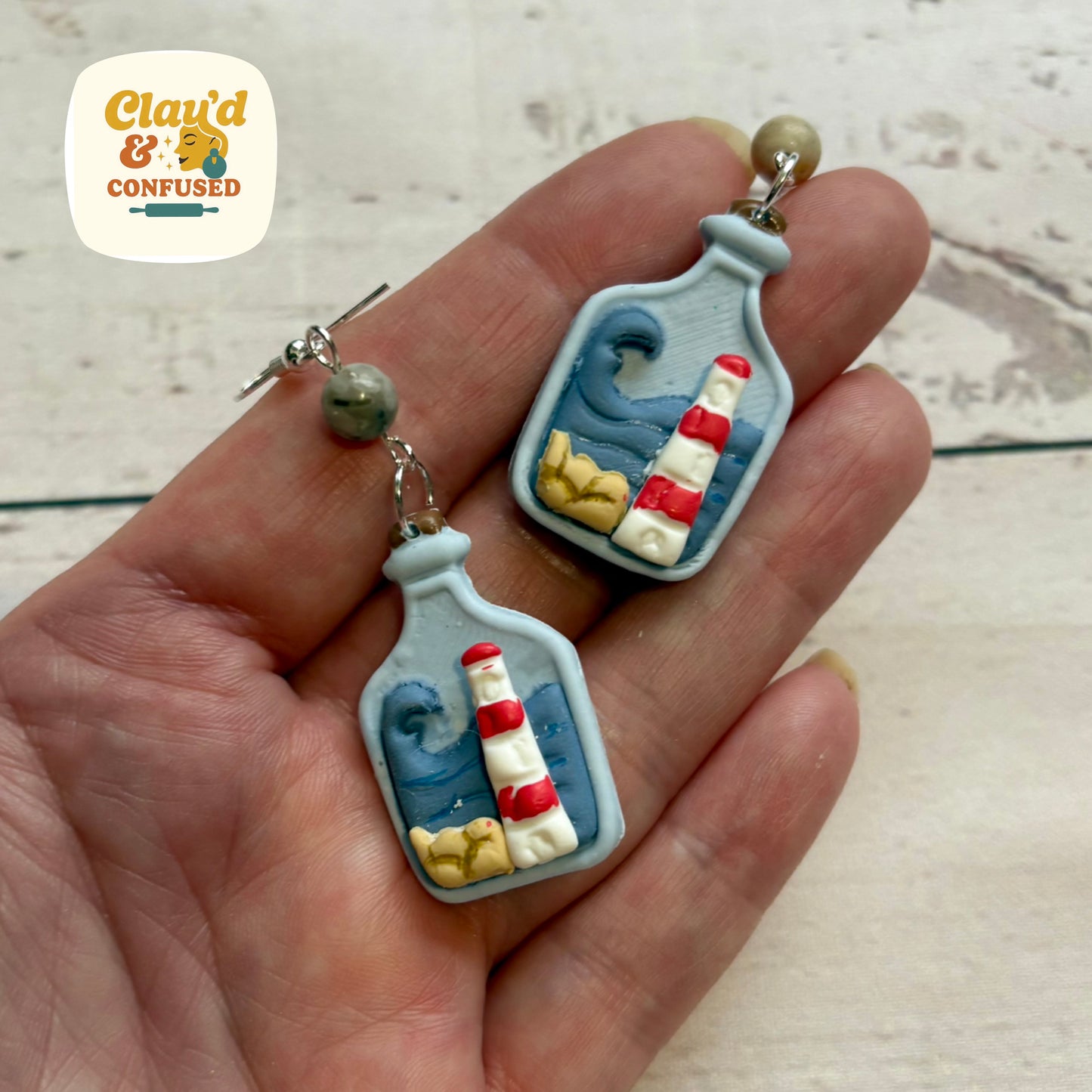 Lighthouse in a Bottle Earrings — Handmade Polymer Clay