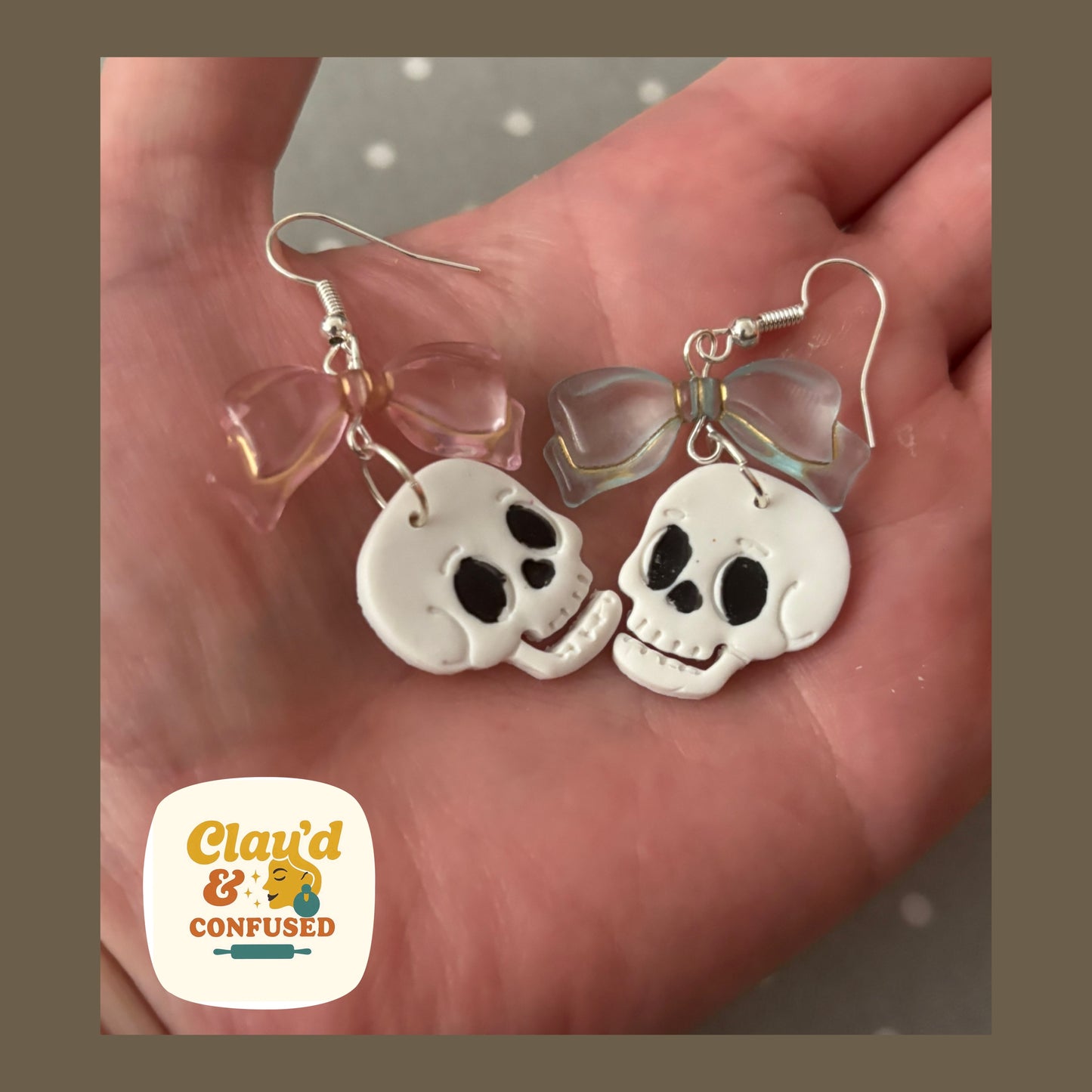 Skull and Bows Earrings — Handmade Polymer Clay