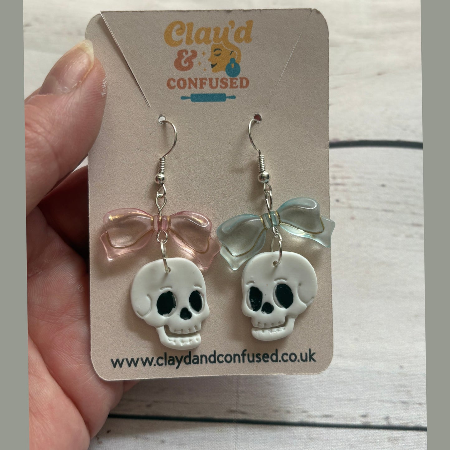 Skull and Bows Earrings — Handmade Polymer Clay