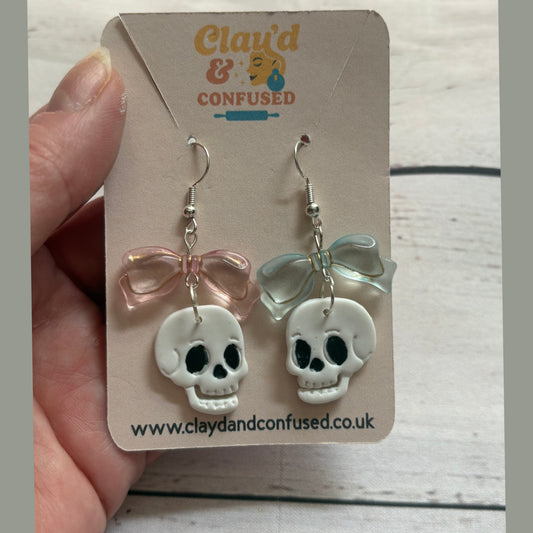Skull and Bows Earrings — Handmade Polymer Clay