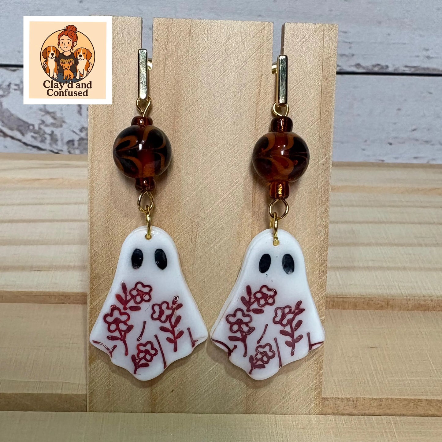 Floral Ghost Earrings — Handmade Polymer Clay