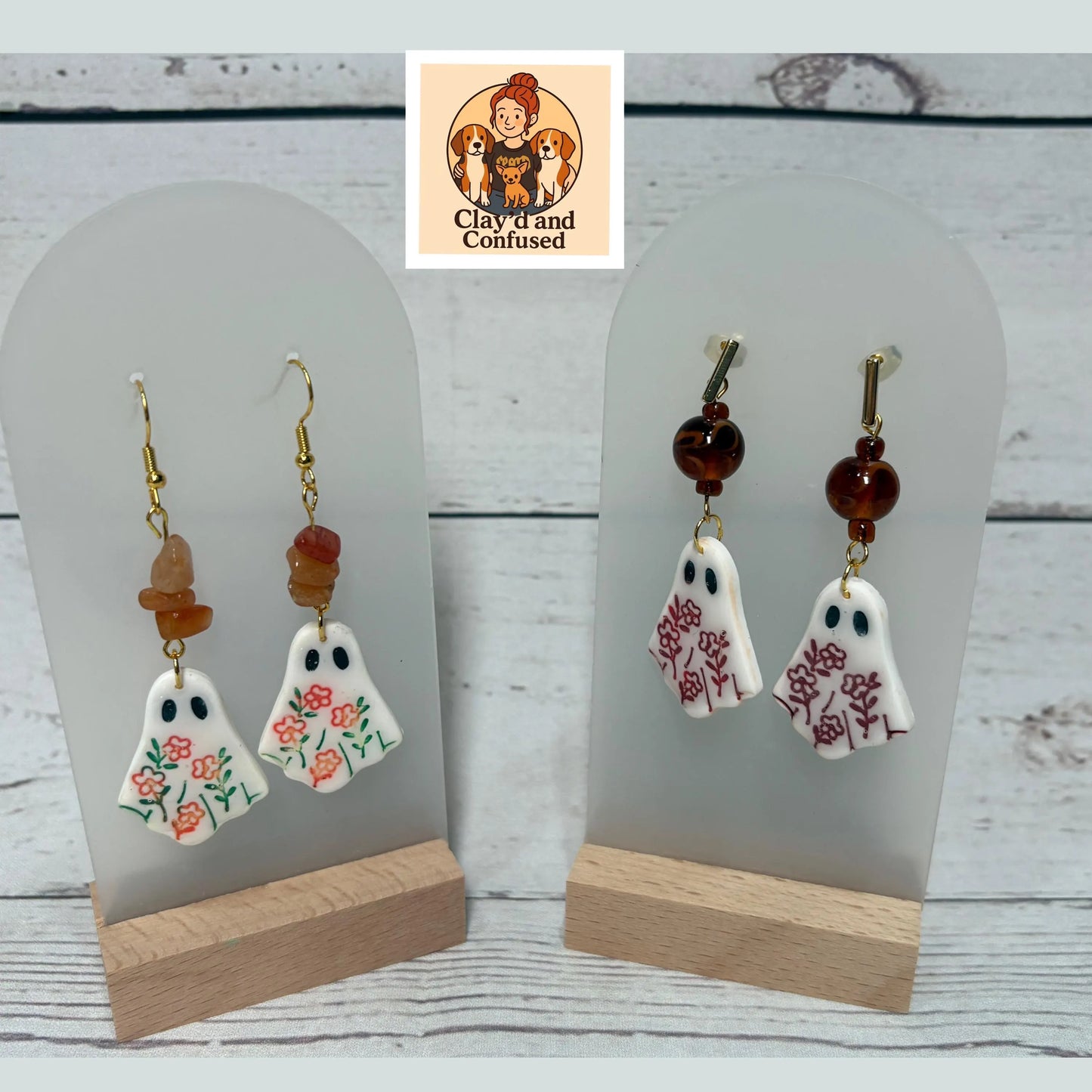 Floral Ghost Earrings — Handmade Polymer Clay