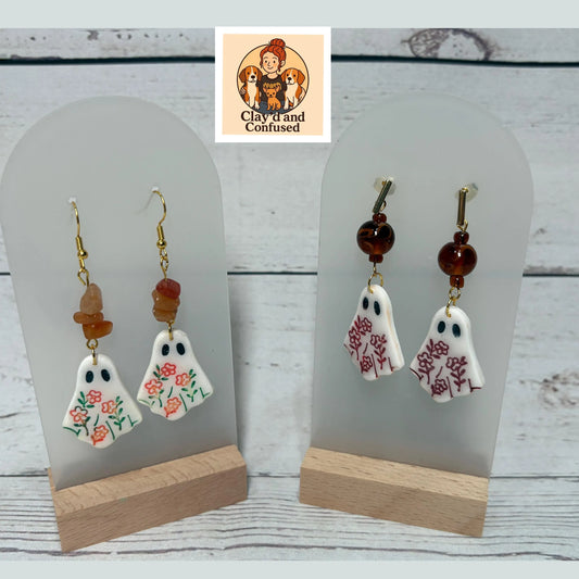 Floral Ghost Earrings — Handmade Polymer Clay
