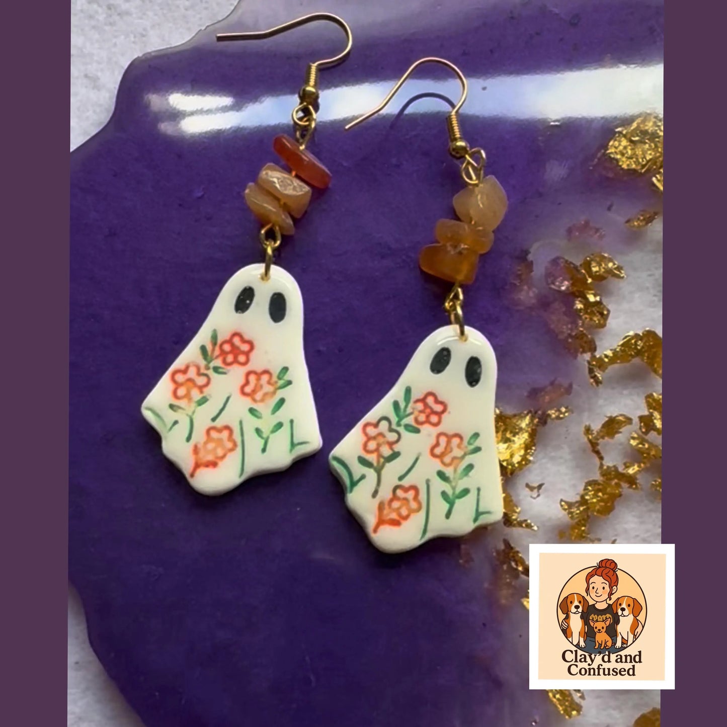 Floral Ghost Earrings — Handmade Polymer Clay