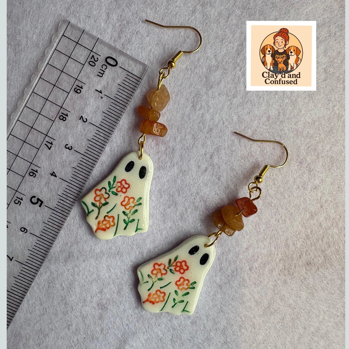 Floral Ghost Earrings — Handmade Polymer Clay