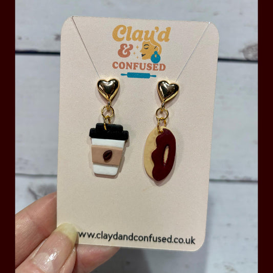 Coffee & Donut Earrings — Handmade Mismatched Polymer Clay