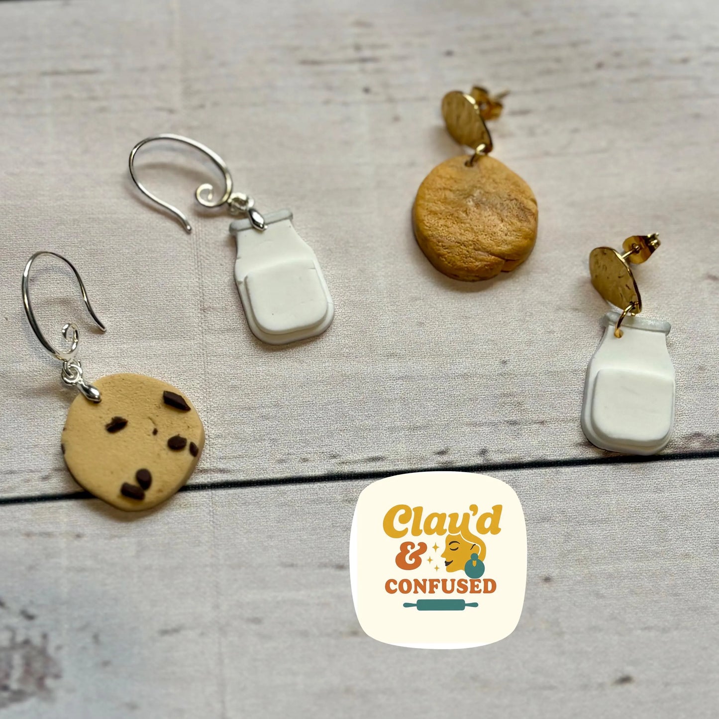 Milk & Cookie Earrings — Handmade Mismatched Polymer Clay