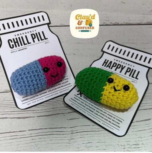 Happy Pill or Chill Pill Crochet Pal — Handmade Emotional Support Gift