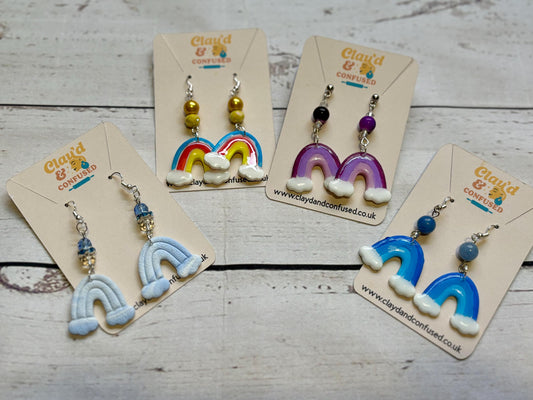 Handmade Rainbow Dangle Earrings — Polymer Clay & Bead Detail