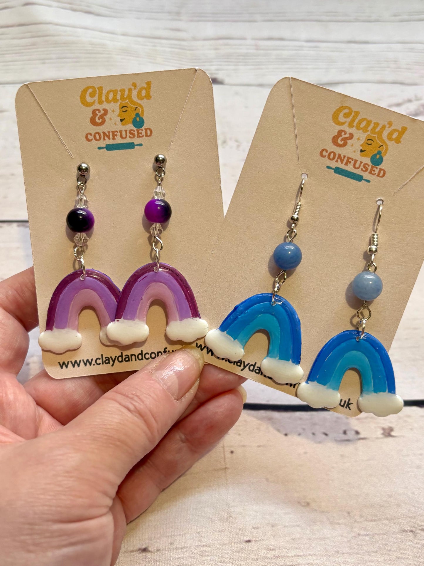 Handmade Rainbow Dangle Earrings — Polymer Clay & Bead Detail