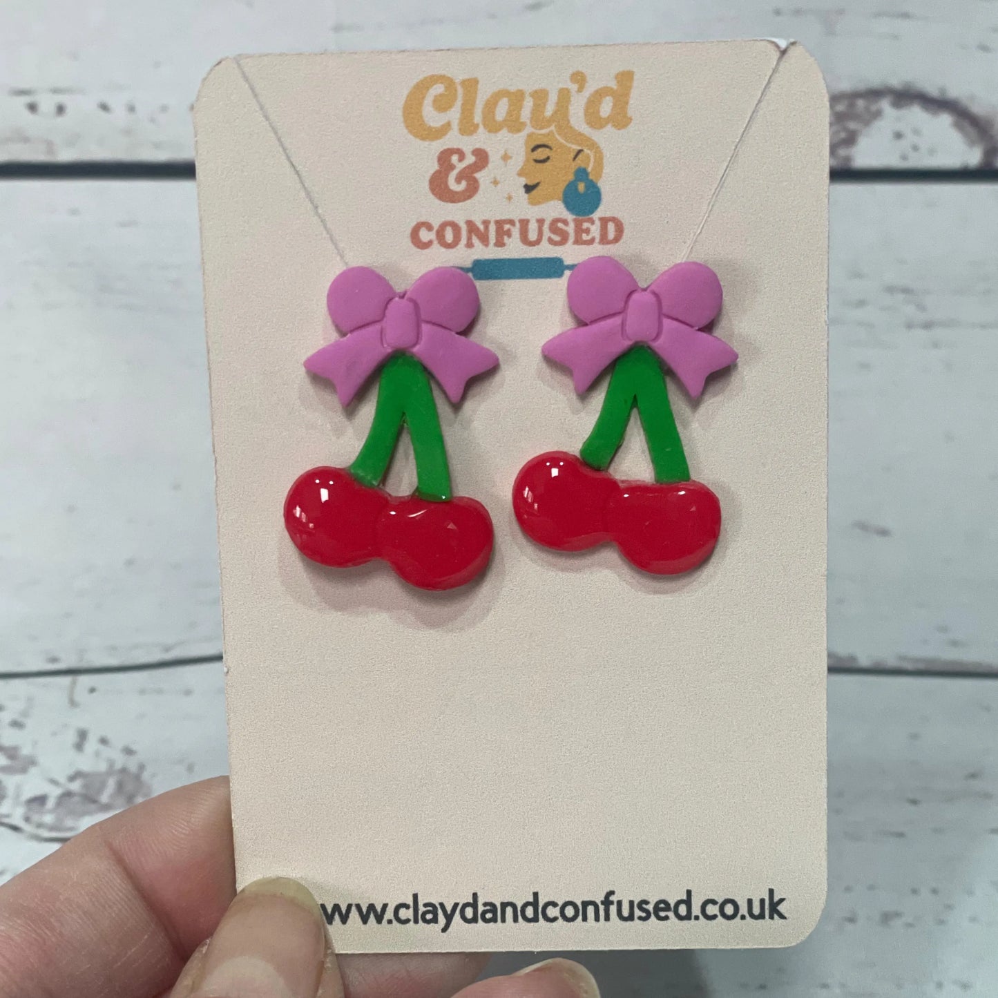 Cherries and Bows Earrings — Handmade Polymer Clay