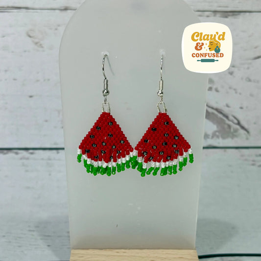 Beaded Watermelon Earrings — Handmade Seed Bead