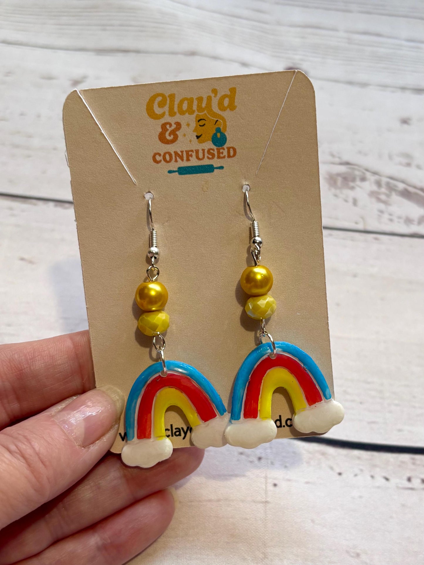 Handmade Rainbow Dangle Earrings — Polymer Clay & Bead Detail