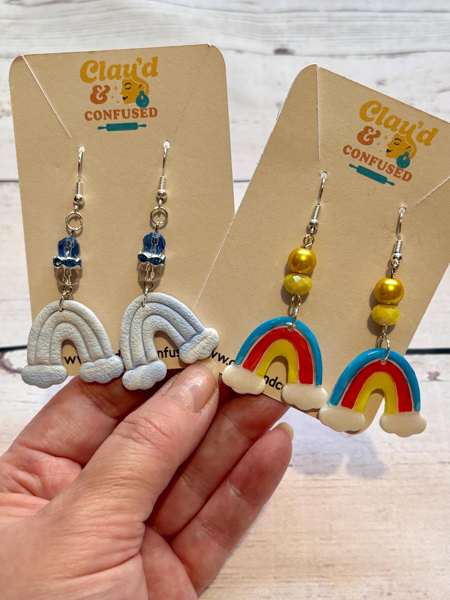 Handmade Rainbow Dangle Earrings — Polymer Clay & Bead Detail