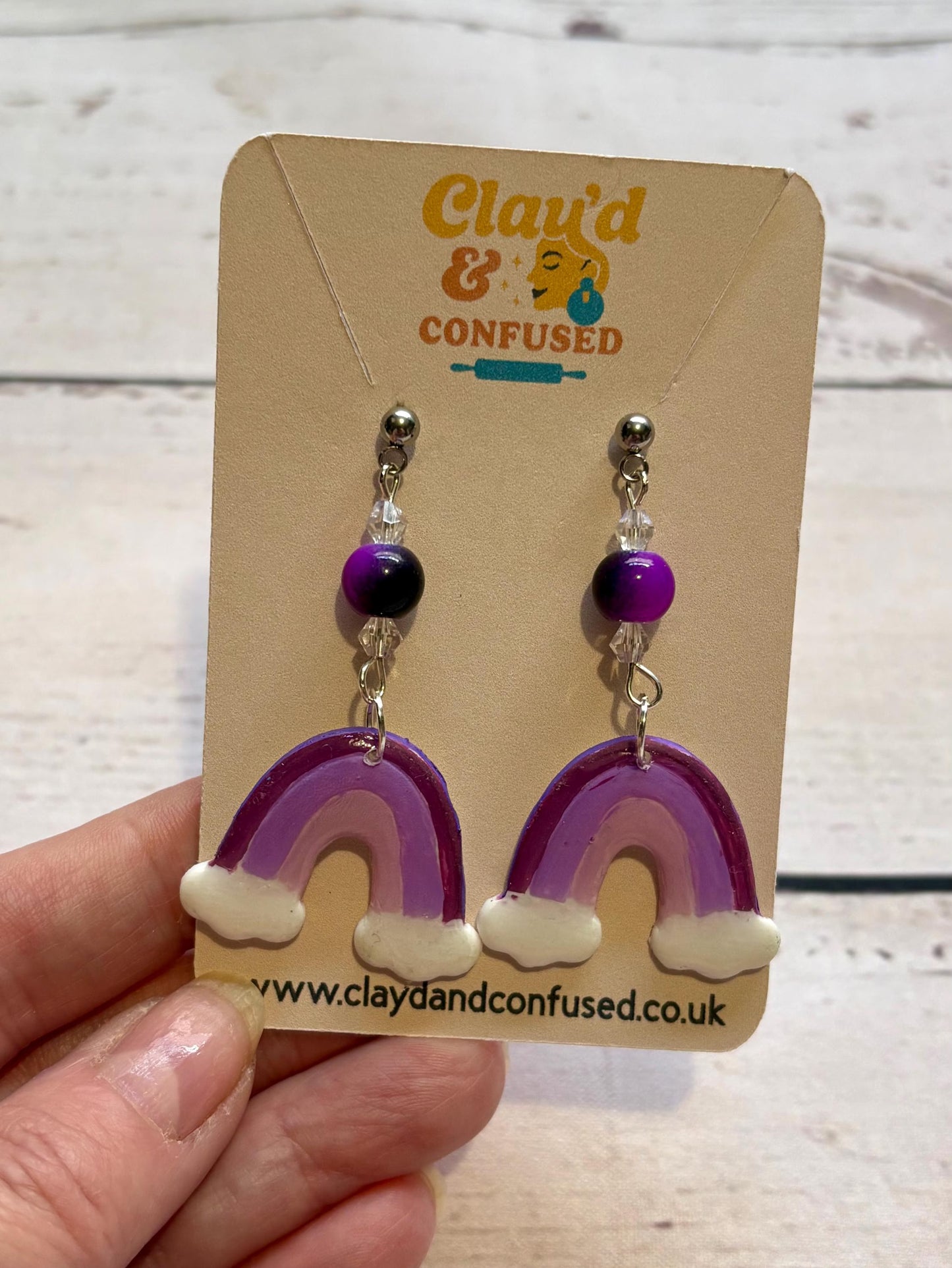 Handmade Rainbow Dangle Earrings — Polymer Clay & Bead Detail