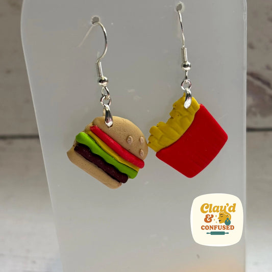 Burger and Fries Earrings — Handmade Polymer Clay