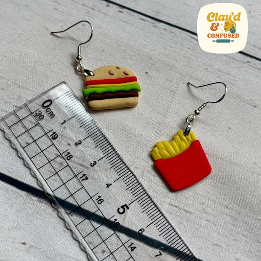 Burger and Fries Earrings — Handmade Polymer Clay