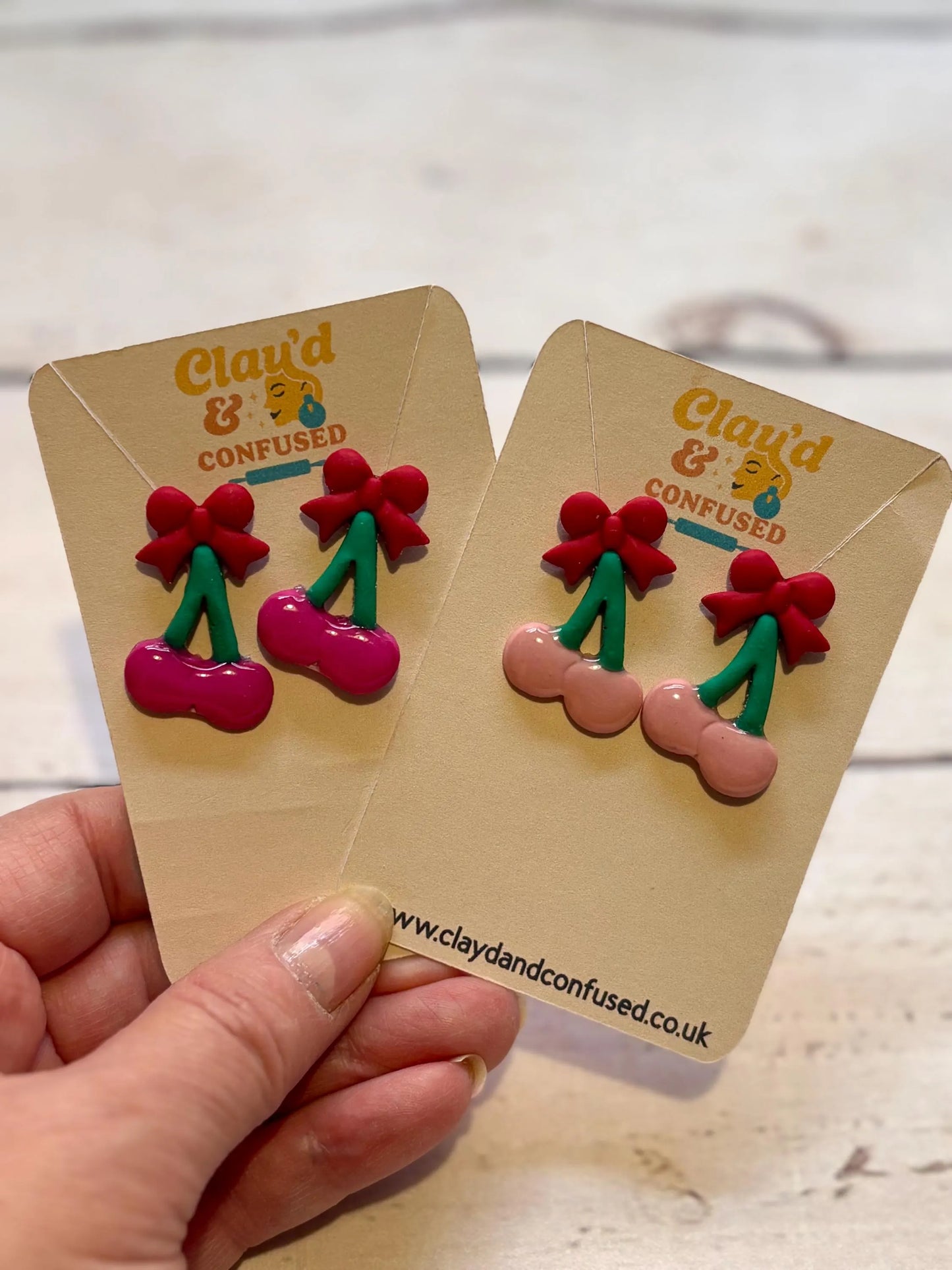 Cherries and Bows Earrings — Handmade Polymer Clay