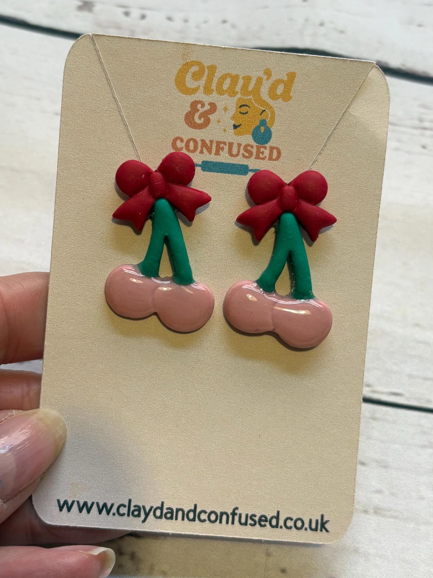 Cherries and Bows Earrings — Handmade Polymer Clay