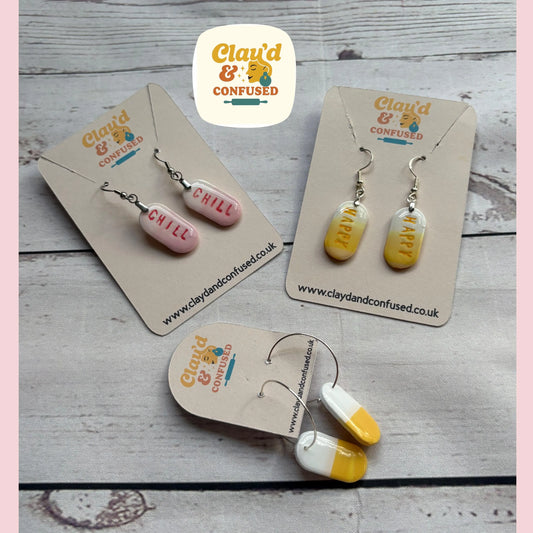 Chill Pill & Happy Pill Earrings — Handmade Polymer Clay