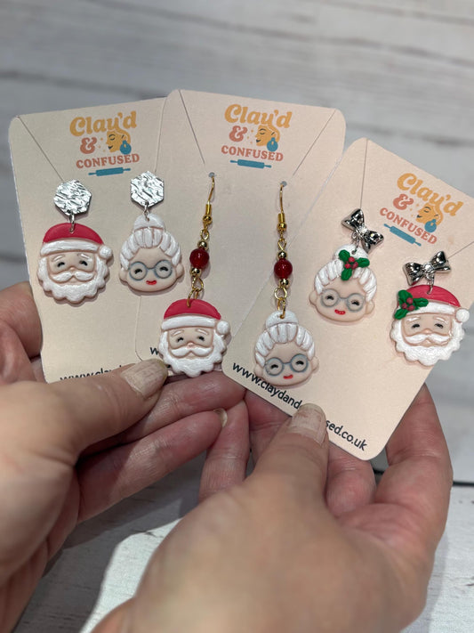 Santa & Mrs Claus Earrings — Handmade Polymer Clay