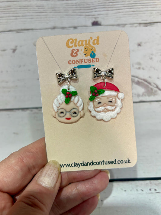 Santa & Mrs Claus Earrings — Handmade Polymer Clay