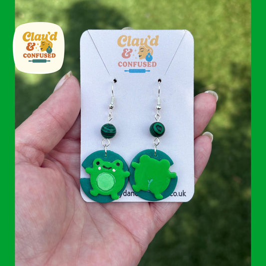 Funny Frog Earrings — Handmade Mismatched Polymer Clay